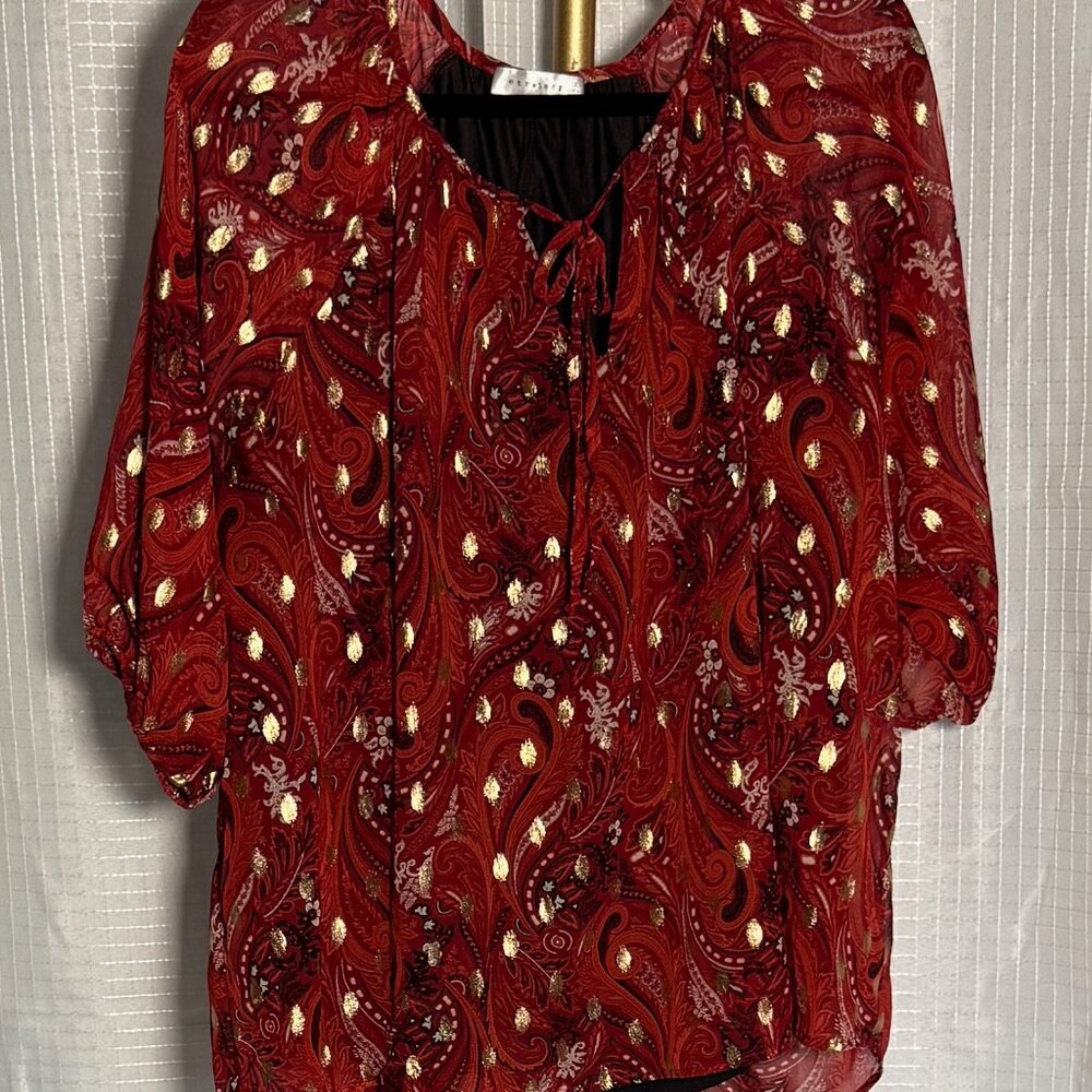 Dark Red Blouse with Gold & Cream Accents – Size 2X